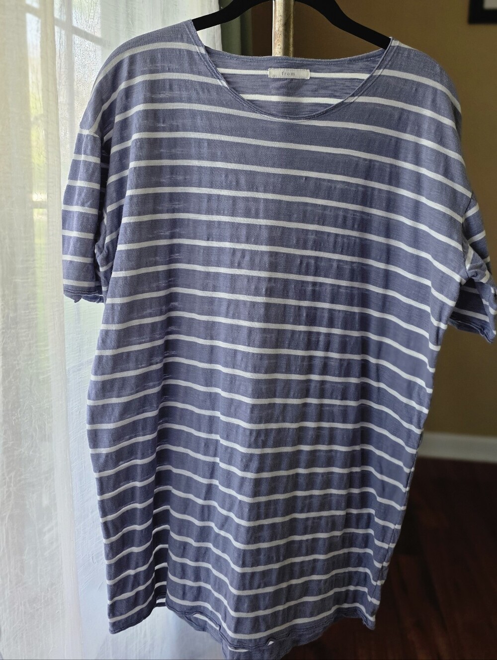 From Organic Cotton Striped Tee - Men's XL - Dusty Blue White Lightweight Beachy
